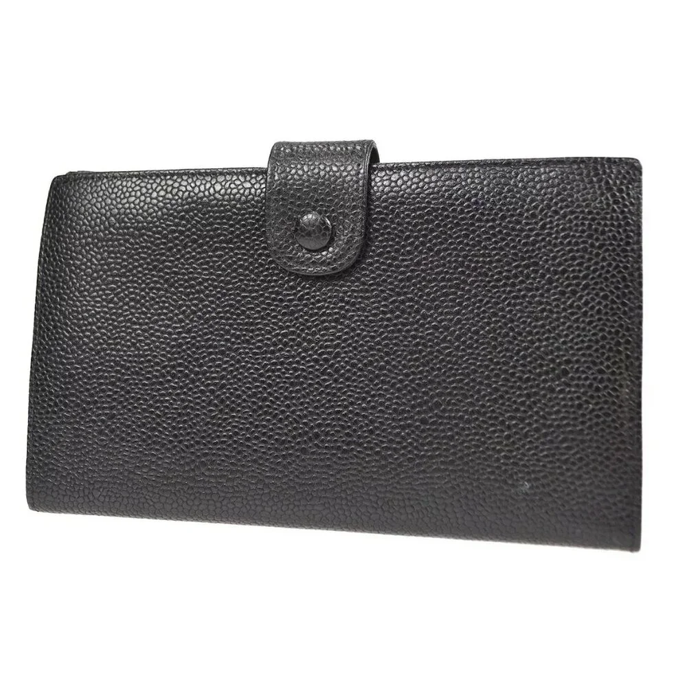 Chanel Long Bifold Wallet Purse Black Calfskin